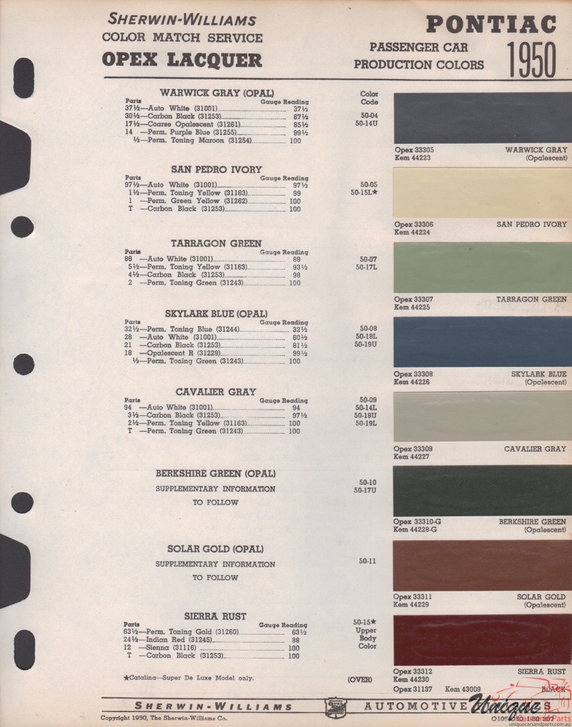 1950 Pontiac Paint Charts Williams 1